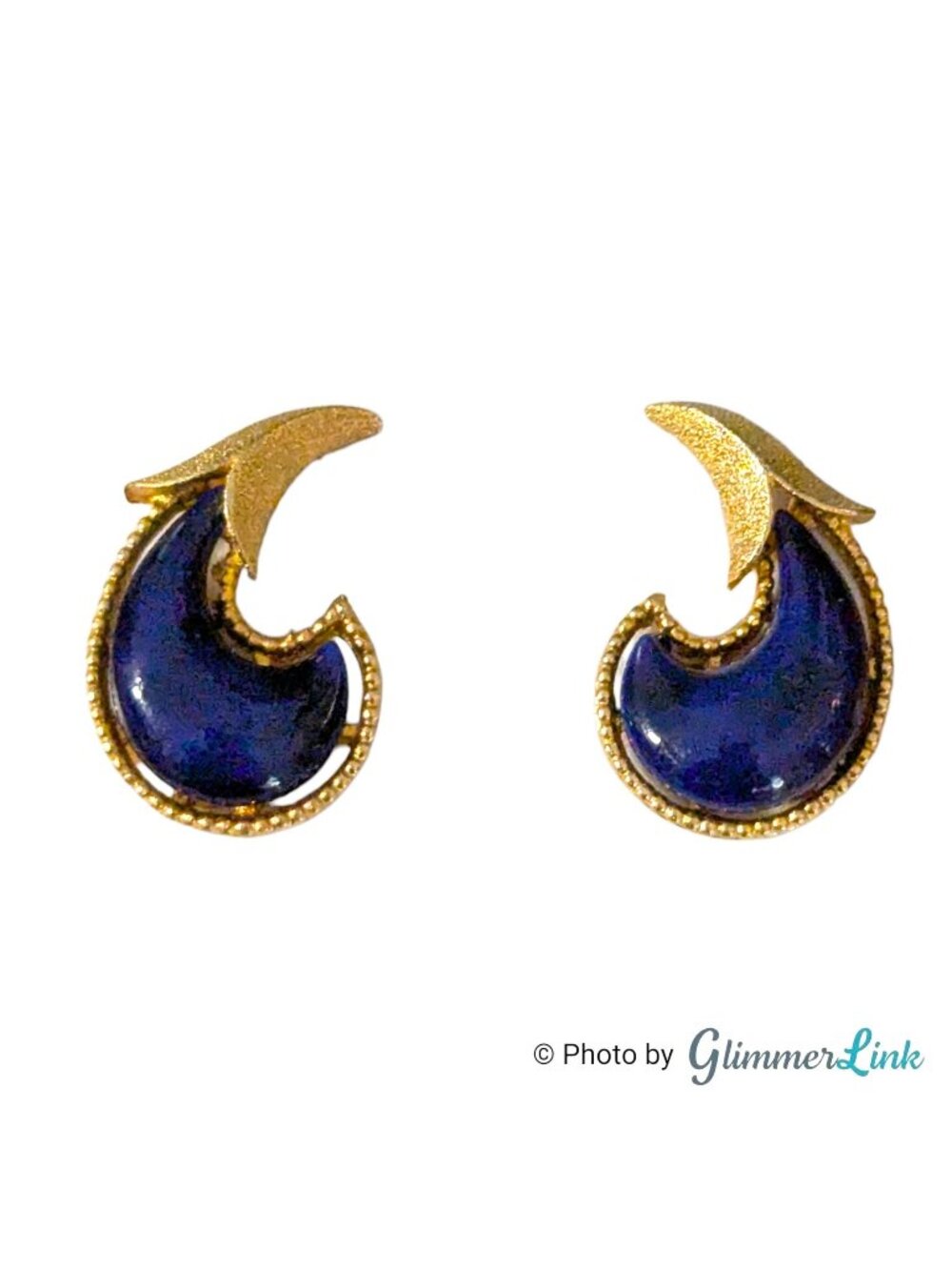 Vintage Blue Gold Tone Abstract Paisley Swirl Clip On Earrings 7/8 Inch